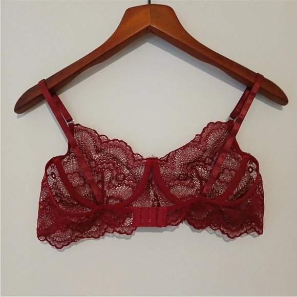 Women's Underwire Unlined Bra Non-Padded Lace Size Large Maroon - Picture 2 of 5
